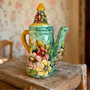 Colorful Majolica hand painted vintage floral teapot.  Made in Mexico.